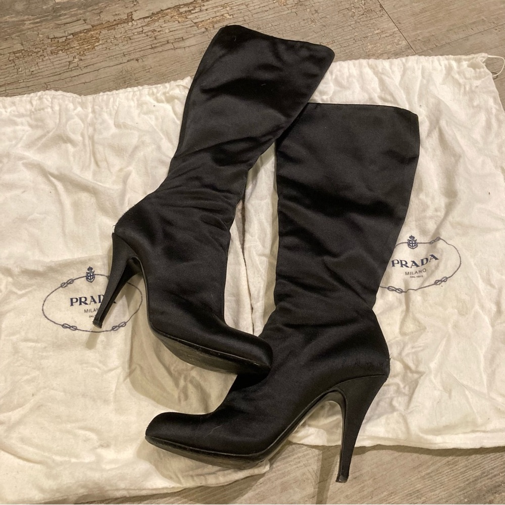 Prada Black Satin Knee-High Stiletto Boots - Picture 1 of 12